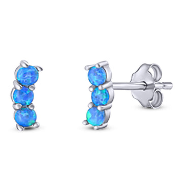 Art Deco Three Stone Style Stud Earring Round Created Blue Opal Solid 925 Sterling Silver (7mm)